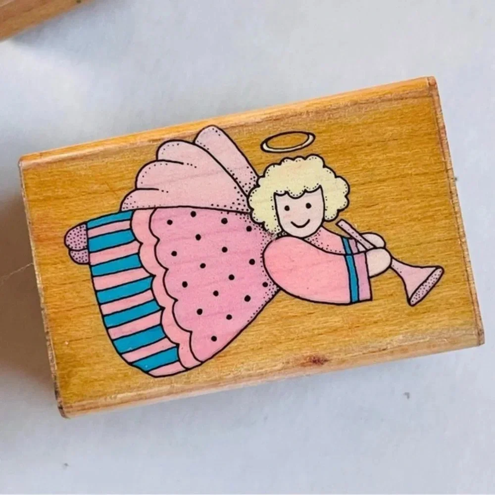 Wooden Rubber Stamp Angel Trumpet Monkey Fishin Lot of 3 Scrapbooking Arts Craft